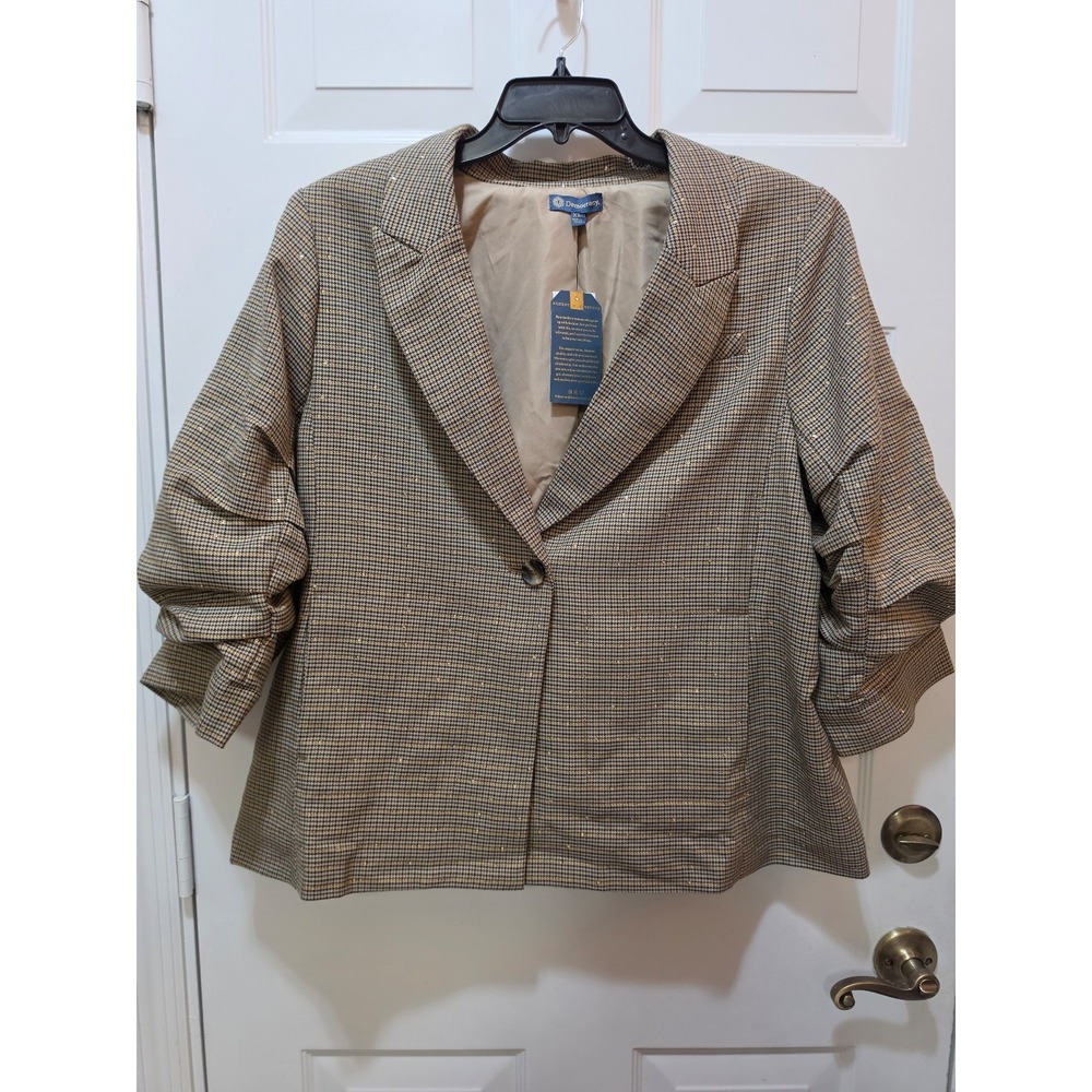 Democracy Womens Ruched 3/4 Sleeve Sequin Plaid Blazer Jacket Tan Brown XL NWT